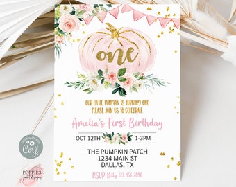 Editable Pink Gold Floral Pumpkin Birthday Invitation, Little Pumpkin Birthday Invite, Girl Pumpkin Patch Birthday Invitation Printable 0172