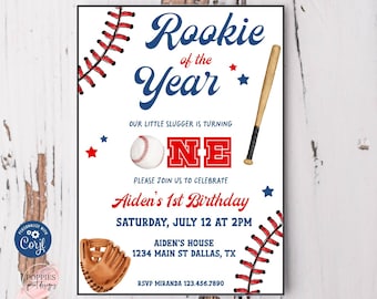 Baseball 1st Birthday Invitation Editable Rookie of the Year Batter Up First Birthday Boy Baseball Birthday Invite Template 0218