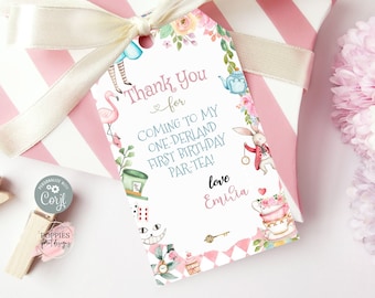 Editable Onederland 1st Birthday Party Favor Tag, Tea Party First Birthday Thank You Tag, Custom Alice in Wonderland Gift Tag Printable 0119