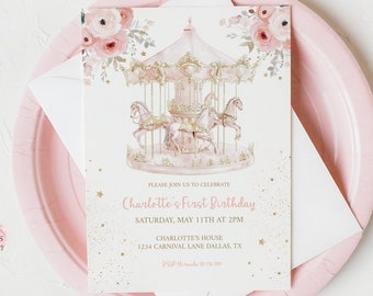 Editable Pink Carousel Horse Birthday Invitation Floral Horse Birthday Party Invite Merry Go Round Birthday Girl Printable 0228