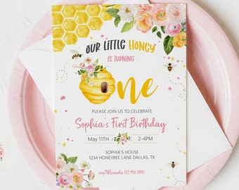 Editable Bee First Birthday Invitation 1st Bee Day Birthday Party Invite Bumblebee Birthday Invite Floral Honey Bee Sweet One Printable 0227