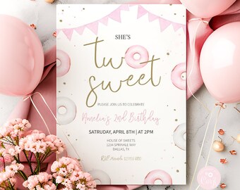 Editable Donut 2nd Birthday Invitation, Two Sweet Second Doughnut Birthday Invite, Sprinkle Pink Gold 2nd Birthday Instant Download 0237
