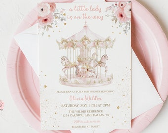 Editable Pink Carousel Baby Shower Invitation Carnival Horse Invite Forest Garden Girl Floral Horse Sprinkle Evite Magical Printable 0228