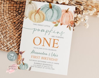 May include: A printable invitation for a first birthday party with a fall theme. The invitation features a watercolor illustration of pumpkins and leaves in shades of orange, green, and brown. The text on the invitation reads "Two Sweet Little Pumpkins Are Turning One".