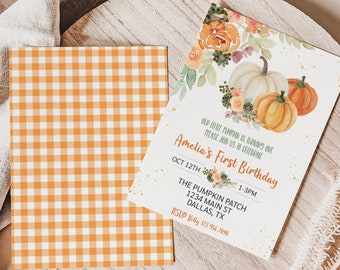 Invitación de cumpleaños de calabaza Floral de otoño Editable Greenery Little Pumpkin Birthday Invite Girl Pink Floral Pumpkin Patch Imprimible 0174