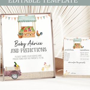 Baby Advice Sign and Writing Cards, Farmer's Market Baby Shower Decor Set, Baby Predictions Card, Locally Grown, Organic Baby Printable 0147