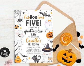 Halloween 5th Birthday Invitation Fab boo lous Editable Pink Ghost Birthday Invite Girl Fifth Birthday Party Evite Halloween Printable 0176