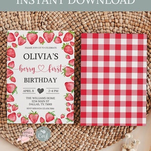 Editable Strawberry Berry First Birthday Invitation, Berry Sweet 1st Birthday Invite Girl Red Gingham Strawberry Party Print Yourself 0150
