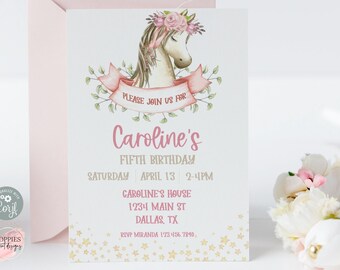 Editable Horse Birthday Invitation, Floral Pony Birthday Invite, Saddle Up, Gallop on Over, Cowgirl Birthday Instant Download Template 0210
