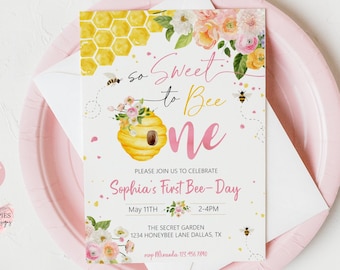 Editable Bee First Birthday Invitation 1st Bee Day Birthday Party Invite Honey Bee Birthday Floral Sweet to Bee One Printable 0227