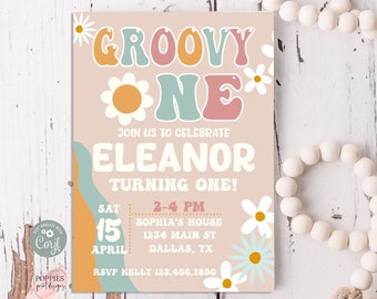 Editable Groovy One 1st Birthday Invitation Daisy Birthday Rainbow Daisy First Birthday Invite Retro Birthday Invitation Instant Download