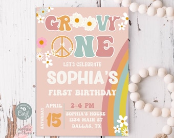 Groovy One 1st Birthday Invitation Edytowalne Daisy Birthday Rainbow Daisy 1st Birthday Invite Retro Birthday Invitation Instant Download