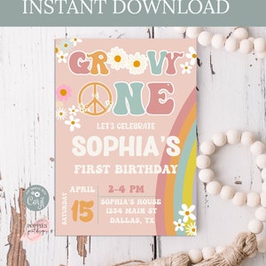 Groovy One 1st Birthday Invitation Editable Daisy Birthday Rainbow Daisy 1st Birthday Invite Retro Birthday Invitation Instant Download