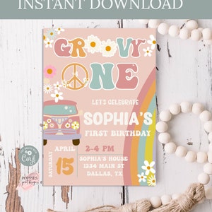 Edit Yourself Groovy One 1st Birthday Invitation Daisy Birthday Rainbow Daisy First Birthday Invite Retro Birthday Instant Download