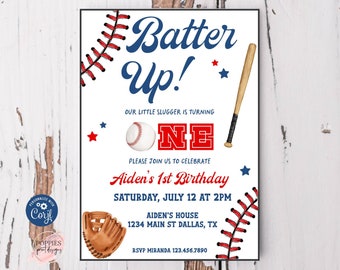 Editable Baseball 1st Birthday Invitation Batter Up First Birthday Baseball Birthday Invite Navy Red Rookie of the Year Party Template 0218