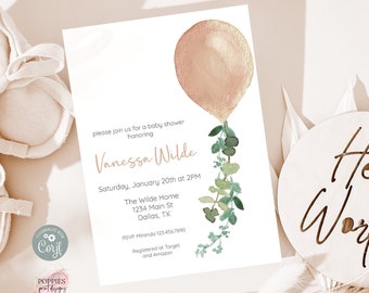 Editable Boho Balloon Baby Shower Invitation, Gender Neutral Shower Invite, Boho Baby Shower, Oh Baby Brown Gold Printable 0211