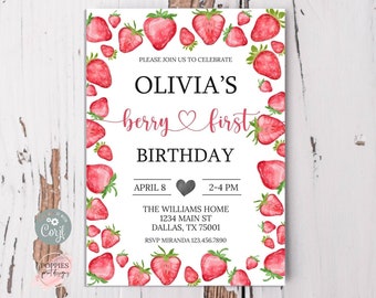 Editable Strawberry First Birthday Invitation Berry First Birthday Invite Berry Sweet Strawberries Girl Cute 1st Birthday Printable 0150