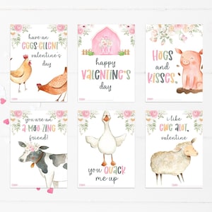 Cartes de Saint-Valentin à imprimer florales avec animaux de la ferme, échange de la Saint-Valentin dans la classe à domicile, étiquettes-cadeaux pour la Saint-Valentin dans la basse-cour des filles