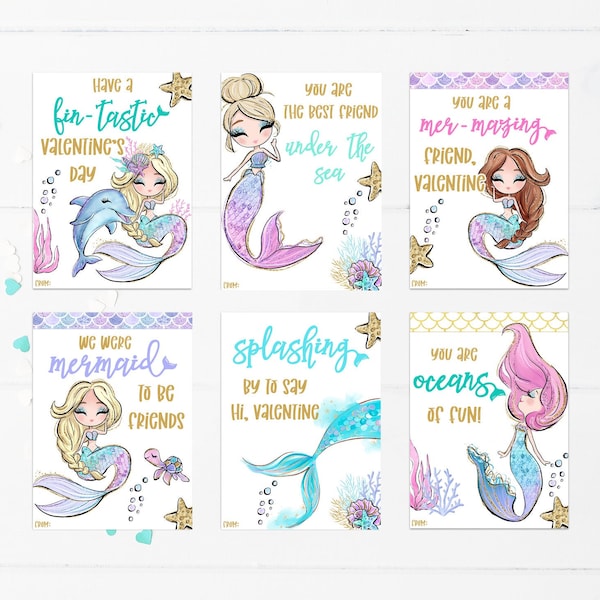 Printable Mermaid Valentine's Day Cards, Print at Home Classroom Valentines Exchange, Under the Sea Favor Gift Tags Valentine 018