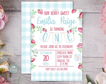 Bearbeitbare Erdbeere Erster Geburtstag Einladung Beere 1. Geburtstag Invite Beere Süße Erdbeeren Niedlich 1. Geburtstag Sofort Download 0130