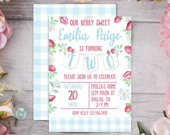 Bearbeitbare Erdbeere Zwei Süße Geburtstagseinladung Beere 2.Geburtstag Invite Beere Süße Erdbeeren Süße 2.