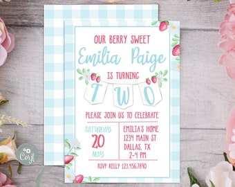 Bearbeitbare Erdbeere Zweite Geburtstagseinladung Beere 2. Geburtstag Invite Beere Süße Erdbeeren Süße 2.