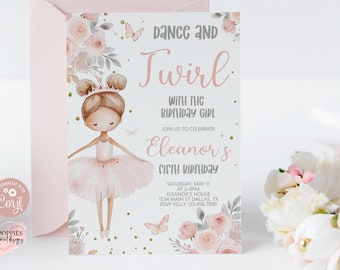 Editable Dance and Twirl Pink Ballerina Birthday Invitation, Tutu Cute Ballet Girls Party Invite Pink Princess Gold Party Printable 0224