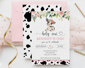 Holy Cow Editierbare Geburtstagseinladung, Holy Cow I'm One, Kuh Erster Geburtstag einladen, Blumen Kuh Geburtstagseinladung, Bauernhof Geburtstag