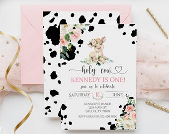 Holy Cow Editierbare Geburtstagseinladung, Holy Cow I'm One, Kuh Erster Geburtstag einladen, Blumen Kuh Geburtstagseinladung, Bauernhof Geburtstag
