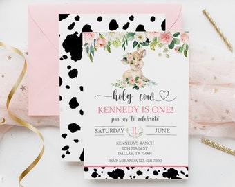Holy Cow Editierbare Geburtstagseinladung, Holy Cow I'm One, Kuh Erster Geburtstag einladen, Blumen Kuh Geburtstagseinladung, Bauernhof Geburtstag