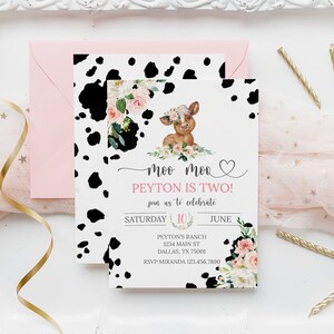 Editable Moo Moo I&#39;m Two Floral Cow 2nd Birthday Invitation