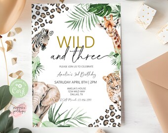 Editable Jungle Third Birthday Invitation Wild and Three 3rd Birthday Invite Zoo Animal Birthday Party Safari Animal Template Printable 0235