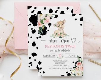 Moo Moo I'm Two Invitation d'anniversaire modifiable, Holy Cow, Cow Second Birthday Invite, Floral Cow Birthday Invitation, Farm Birthday