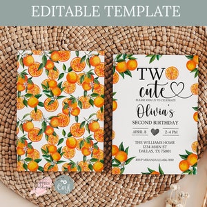 Editable Two Cute Second Birthday Invitation Little Cutie is Two Invite Girl 2nd Birthday Invitation Orange Birthday Invite Printable 0125