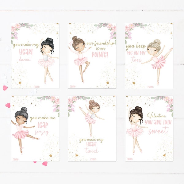 Printable Ballerina Valentine's Day Cards, Print at Home Classroom Valentine Exchange, Girls Ballet Dancer Valentine Gift Tags