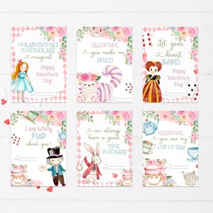 Cartoline di San Valentino stampabili per le avventure di Alice nel Paese delle Meraviglie, stampa a casa in classe Scambio di San Valentino, etichette regalo di San Valentino per bambini