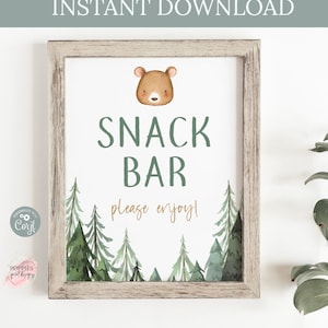 Forest Bear Party Snack Bar Sign, Bear Birthday Sign, Woodland Bear First Birthday, Boy 1st Birthday Sign Instant Download Printable 0116