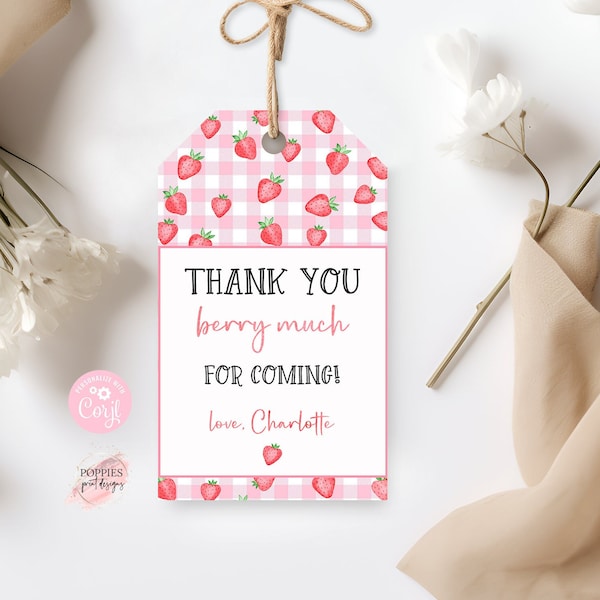 Editable Strawberry Birthday Thank You Tag Berry First Birthday Garden Party Birthday Favor Two Sweet One Printable 0169