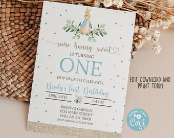 Some Bunny is One Editable First Birthday Invitation Boy Blue Bunny Invitation Peter Rabbit 1st Birthday Invite Instant Download 0123