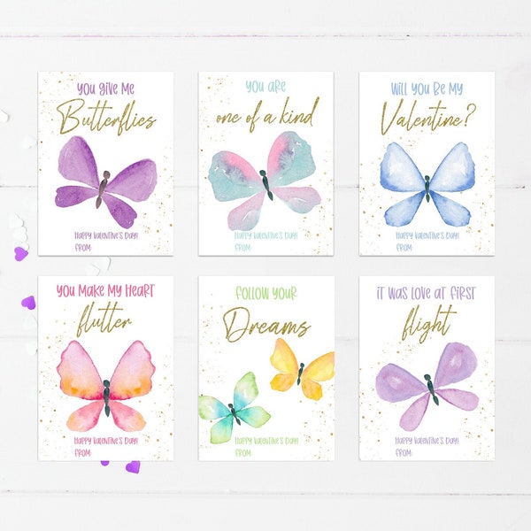 Printable Butterfly Valentine's Day Cards, Print at Home Classroom Valentines Exchange Girls Favor Gift Tags Butterflies Cards Valentine 011