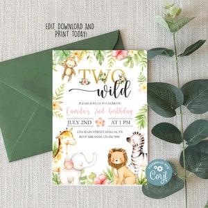 Bearbeitbare Mädchen Dschungel Zwei wilde zweite Geburtstagsparty-Einladung, Safari 2. Geburtstags-Einladung, Party-Tier-Einladung