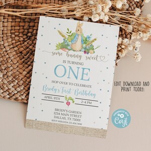 Some Bunny is One Editable First Birthday Invitation Boy Blue Bunny Invitation Peter Rabbit 1st Birthday Invite Instant Download 0123