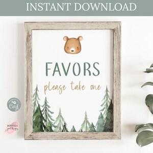 Forest Bear Party Favors Sign, Bear Birthday Sign, Woodland Bear First Birthday, Boy 1st Birthday Sign Instant Download Printable 0116
