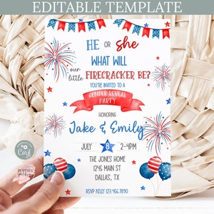 Editable 4th of July Gender Reveal Invitation, Fourth of July Baby Shower Invite, Red White and Due, July Baby Shower Printable 0156
