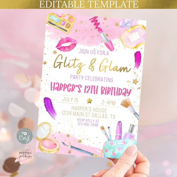 Editable Makeup Birthday Invitation Girl Slumber Party Invite Glitz and Glam Birthday Invite Spa Birthday Makeover Party Pink Printable 0162