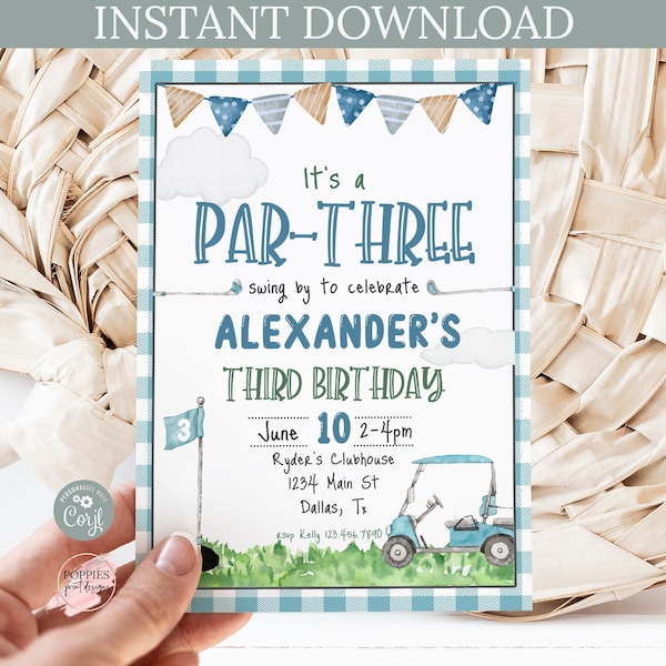 Editable Boy Golf Third Birthday Invitation, Boy Golfing Birthday Invite, 3rd Birthday Par-tee Putting Par-tee Printable Template 0134