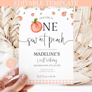 Editable One Sweet Peach Birthday Invite Peach First Birthday Invitation Pink Gingham Girl 1st Birthday Party Sweet Peaches Printable 0238