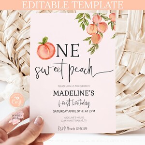 Bearbeitbar Süßer Pfirsich Erste Geburtstagseinladung Pfirsich 1. Geburtstag Einladen Mädchen-Geburtstagsfeier Süßer Pfirsich Printable 0238