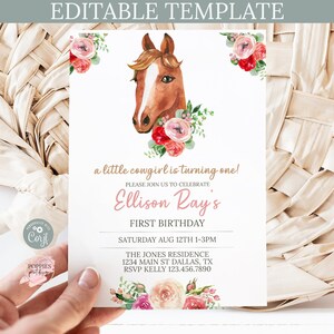 Floral Horse Baby Shower Invitation, Little Cowgirl, Editable Rodeo Shower Invite Wild West Country Western Party, Printable 0178