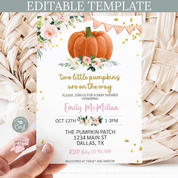 Editable Twins Two Little Pumpkins are on the Way Invitation Pumpkin Baby Shower Invite Floral Pumpkin Baby Shower Invitation Printable 0173